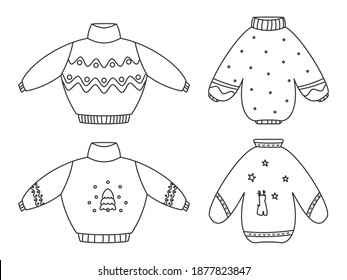 Cute ugly Christmas sweaters linear black set. Knitted winter clothes. Jumper with ornament and deer. Traditional holiday pullover, funny xmas prints. Hygge time. Isolated on white vector illustration