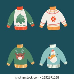 Cute ugly Christmas sweaters vector set. Sweater party clip art collection