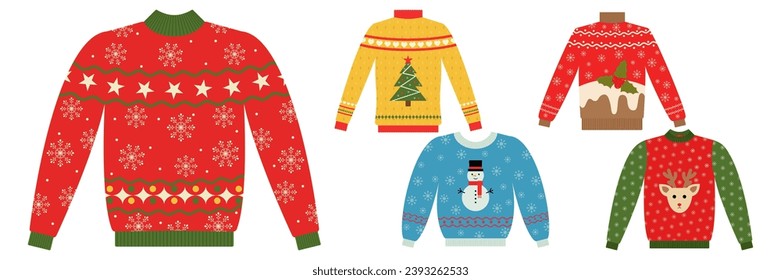 Cute ugly Christmas sweaters vector set in red and green colors, Sweater party clip art collection for invitations and greeting cards