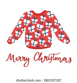 Cute ugly sweater for Christmas party with bright ornament. 