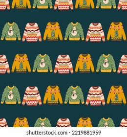 Cute  Ugly Sweater Christmas seamless pattern. Warm knitted jumpers with snowflake, snowman. 