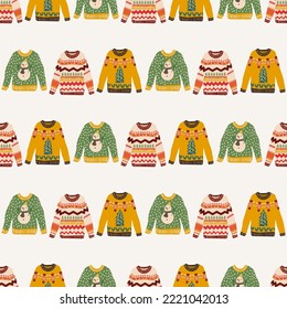 Cute  Ugly Sweater Christmas seamless pattern. Warm knitted jumpers with snowflake, snowman. 