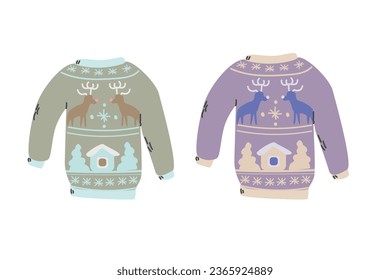 Cute ugly sweater with deer, house in winter - set