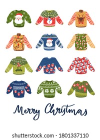 Cute ugly sweaters set for Christmas party. Vivid colored postcard with Merry Christmas lettering.