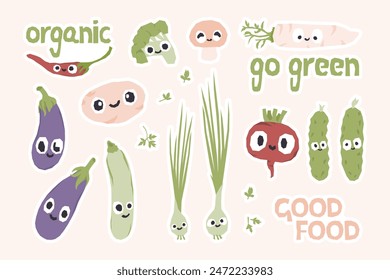 Personajes de vegetales feos y lindos con caras de kawaii divertidas. Set de comida saludable feliz y sonriente. Pegatinas divertidas Ilustraciones vectoriales gráficas planas aisladas.