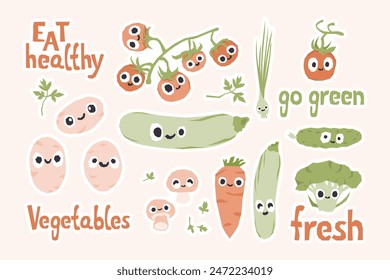 Cute ugly vegetable characters with funny kawaii faces. Happy smiling healthy food set. Fun stickers flat graphic vector illustrations isolated.