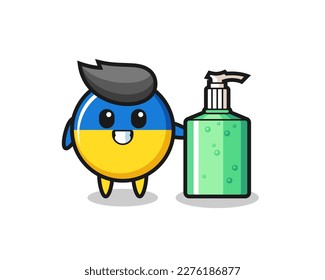 cute ukraine flag badge cartoon with hand sanitizer , cute style design for t shirt, sticker, logo element