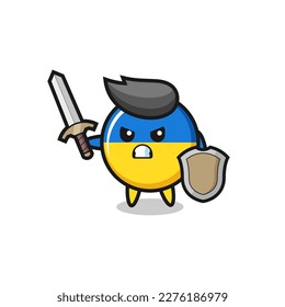 cute ukraine flag badge soldier fighting with sword and shield , cute style design for t shirt, sticker, logo element