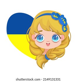 Cute Ukrainian girl in flowers wreath. Children vector illustration cartoon kid with flag of Ukraine. 