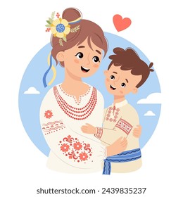 Cute Ukrainian woman mother in traditional clothes embroidered shirt tenderly hugs his son. Vector illustration. Festive cultural national character family.