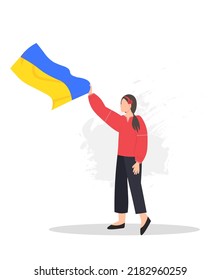 Cute Ukrainian woman with yellow and blue flag in her hand in national clothes, patriotic woman, flat vector illustration svg