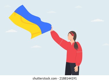 Cute Ukrainian woman with yellow and blue flag in her hand in national clothes, patriotic woman, flat vector illustration svg