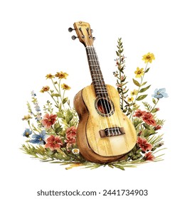 cute ukulele and flowers vector illustration in watercolour style