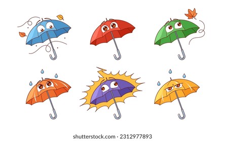 Cute Umbrella Character Showing Different Emotions. Cartoon Style. Vector Set