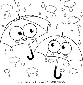 Cute umbrella characters in the rain. Vector black and white coloring page.