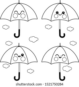 Cute umbrella characters. Vector black and white coloring page