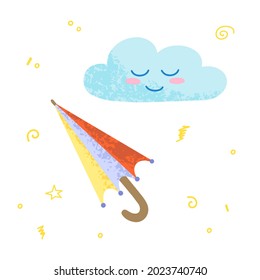 Cute umbrella and cloud illustrations with a texture. Hand drawn vector illustrations isolated on white.