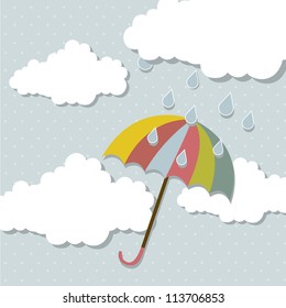 cute umbrella with clouds and rain over blue background. vector