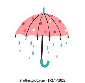 Cute umbrella and falling rain drops in doodle style  Kids colored flat vector illustration and raindrops isolated white background