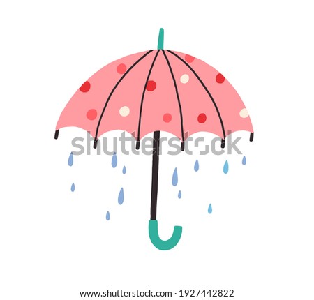 Cute umbrella with falling rain drops in doodle style. Kids colored flat vector illustration with raindrops isolated on white background