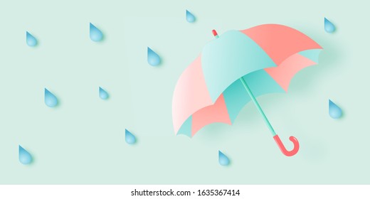 Cute umbrella for monsoon season with pastel color scheme and paper art style vector illustration