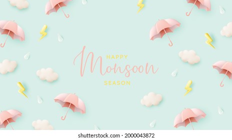 Cute umbrella for monsoon season with pastel color scheme and paper art style vector illustration