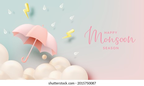 Cute umbrella for monsoon season with pastel color scheme and paper art style vector illustration