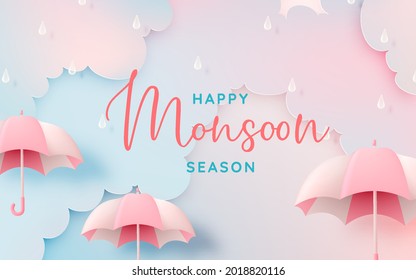 Cute umbrella for monsoon season with pastel color scheme and paper art style vector illustration