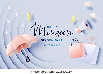 Cute umbrella for monsoon season with pastel color scheme and paper art style vector illustration