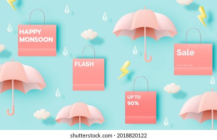 Cute umbrella for monsoon season with pastel color scheme and paper art style vector illustration