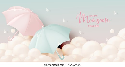 Cute umbrella for monsoon season with pastel color scheme and paper art style vector illustration