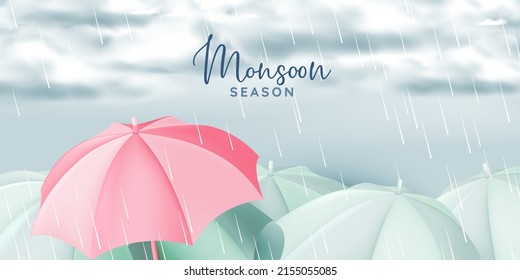 Cute umbrella for monsoon season with pastel color scheme and paper art style vector illustration