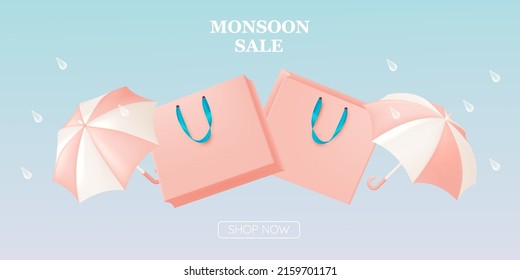 Cute umbrella for monsoon season with pastel color scheme and paper art style vector illustration