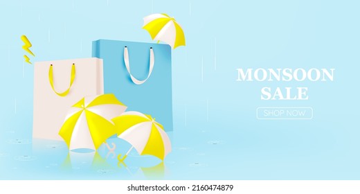 Cute umbrella for monsoon season with pastel color scheme and paper art style vector illustration