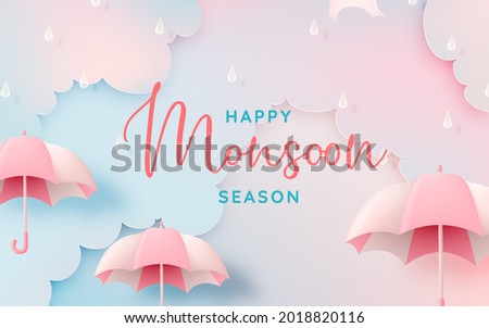 Cute umbrella for monsoon season with pastel color scheme and paper art style vector illustration