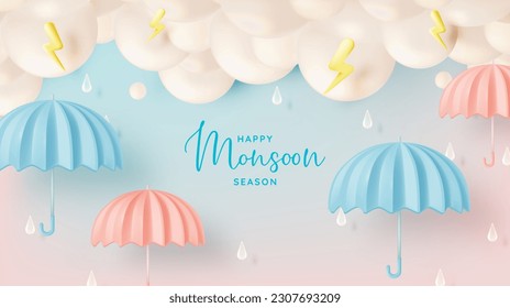 Cute umbrella for monsoon season sale with pastel color scheme and 3d realistic style vector illustration