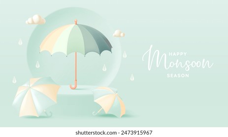 Cute umbrella for monsoon season sale with pastel color scheme and 3d realistic style vector illustration