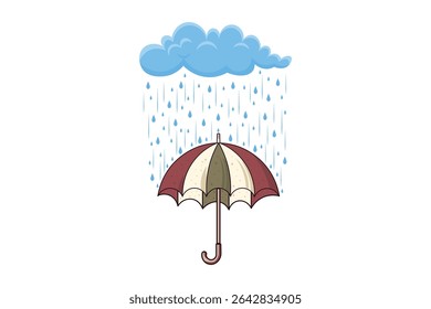 Cute umbrella and raindrops vector, flat design illustration in soft pastel colors, ideal for children’s illustrations, baby patterns, and rainy day backgrounds

