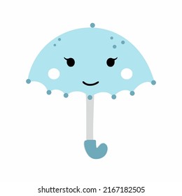 Cute umbrella with a smile. Sticker for children room. Children draw. Vector doodle illustration. 