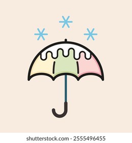Cute umbrella with snow and snowflakes, black handle, shaft and colorful canopy filled vector icon. Winter snowflakes falling on an iconic umbrella.