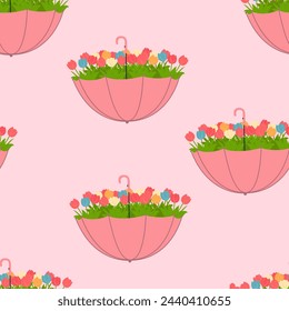Cute umbrella with tulips seamless spring background. Template for textile, wallpaper, packaging, cover