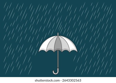 Cute umbrella under cartoon rain, flat vector pastel design for children’s illustrations, baby decor, and seamless rainy patterns
