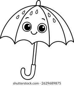 Cute Umbrella Vector for Coloring, Smiling Weather Object Illustration with Raindrops for Kids Educational Activities