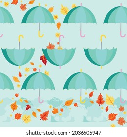Cute umbrellas at autumn with yellow leaf. Umbrella