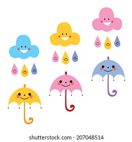 cute umbrellas raindrops clouds characters vector illustration