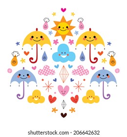 cute umbrellas raindrops flowers clouds characters vector illustration
