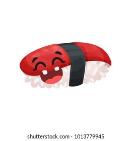 Cute Unagi sushi character with funny face, Japanese food cartoon vector Illustration