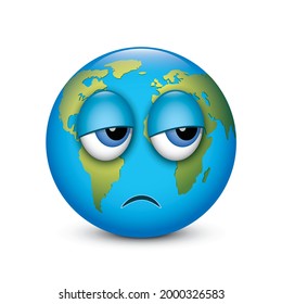 Cute unamused Earth face emoticon, tired face emoji - isolated vector illustration