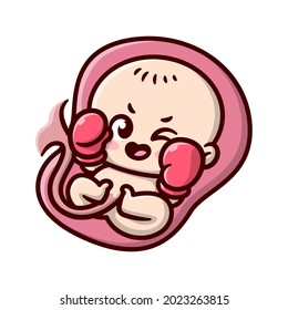 THE CUTE UNBORN BABY IS SHOWING NASTY EXPRESSIONS AND WEARING BOXING GLOVES. CARTOON ILLUSTRATION.