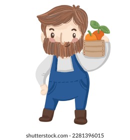 cute uncle farmer character holding oranges in wooden box 